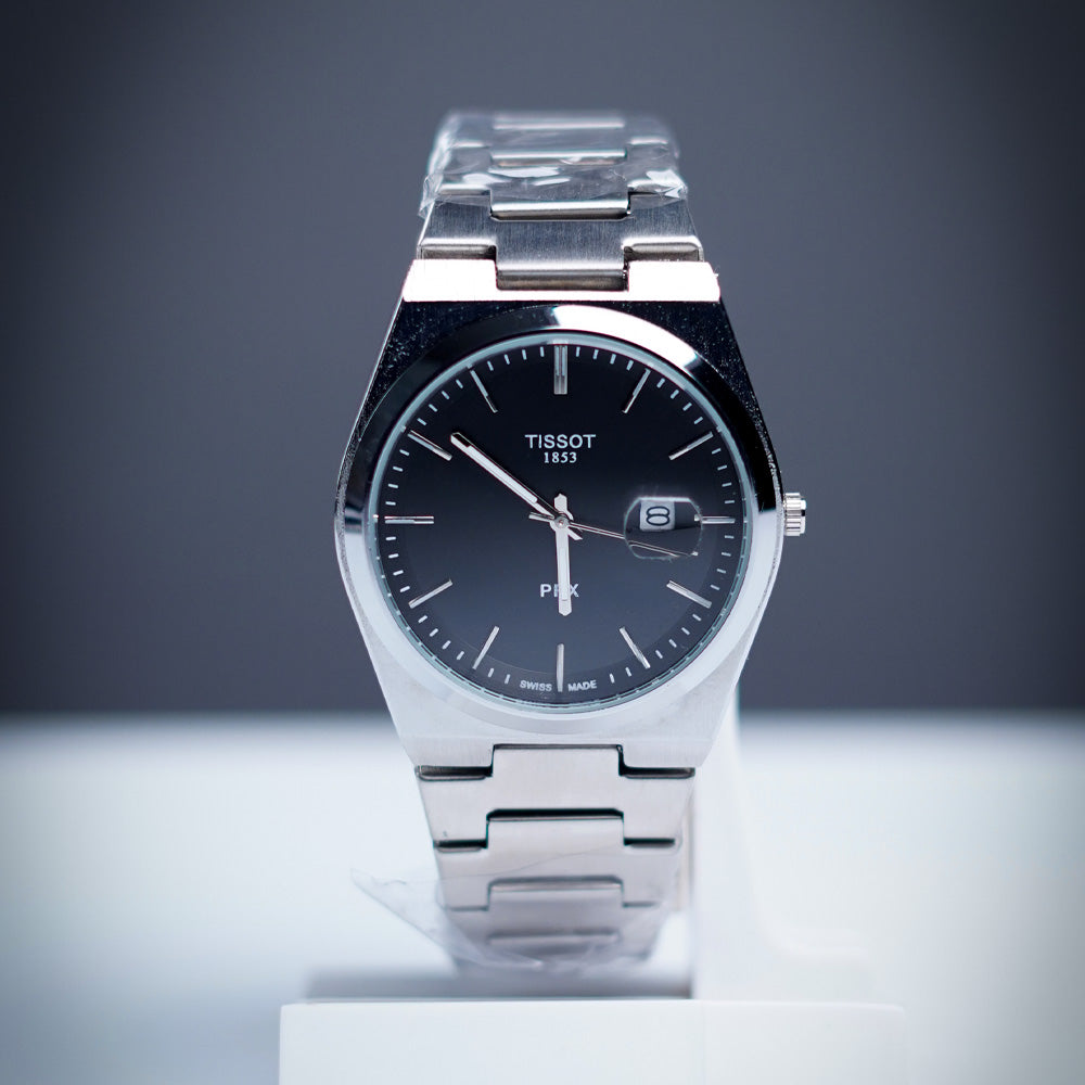 TISSOT PRX 1853 SILVER CHAIN WITH BLACK DIAL