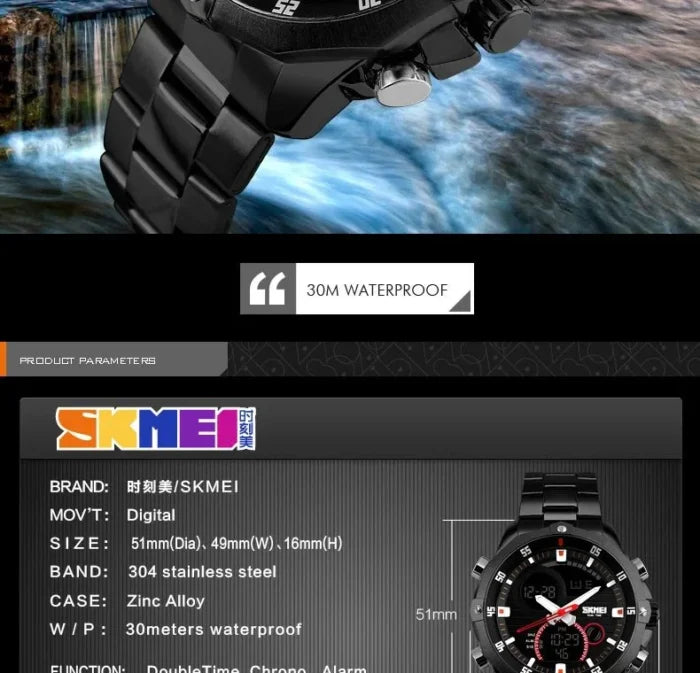 Skmei - 1146 - Waterproof Dual Display LED Digital Alarm - Black