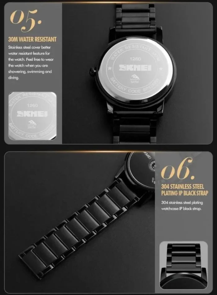 Skmei - 1260 - Waterproof Business Watch For Men - Black/Black Steel