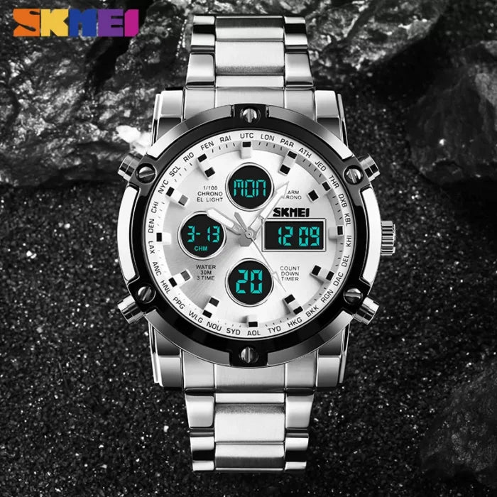 Skmei - 1389 - Dual Display Waterproof Watch - Silver/Silver