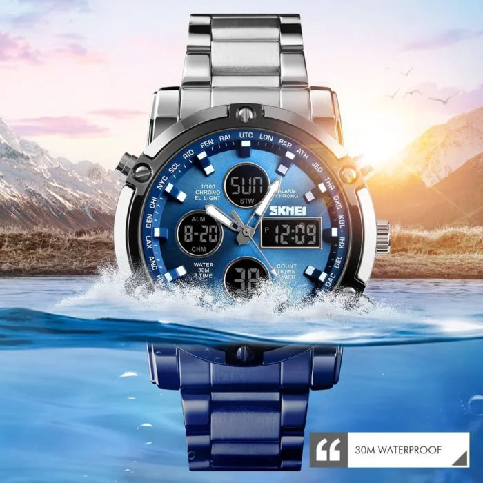 Skmei - 1389 - Dual Display Waterproof Watch - Silver/Blue