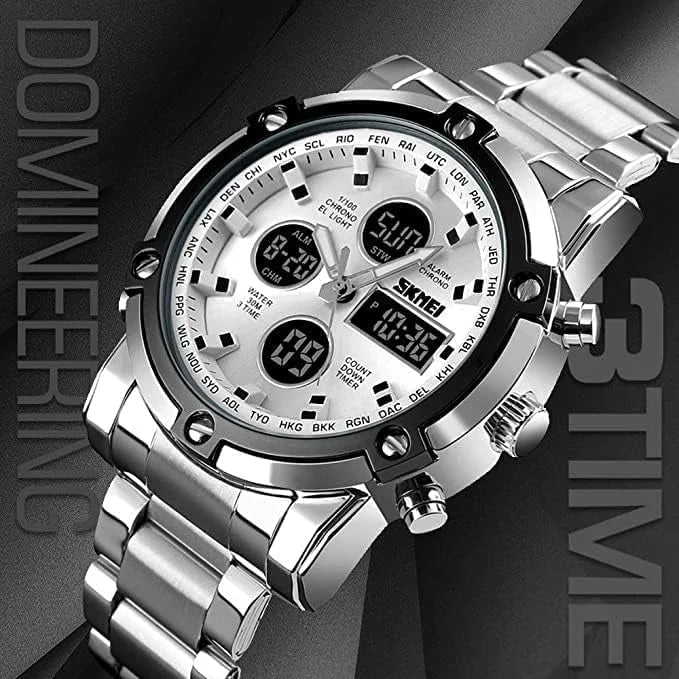 Skmei - 1389 - Dual Display Waterproof Watch - Silver/Silver