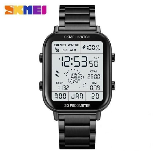 Skmei - 1888 - Step Count Pedometer Digital Dial Stainless Steel Strap Watch for Men - Black - Dials Watches