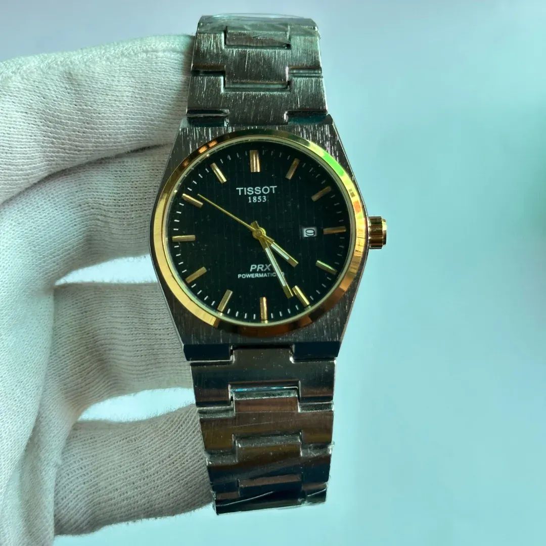 TISSOT PRX 1853 SILVER CHAIN WITH BLACK DIAL