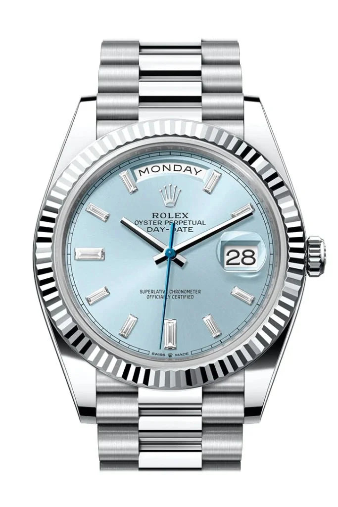 Rolex Day Date 40mm – Ice Blue Stick Dial & Fluted Bezel – L-113