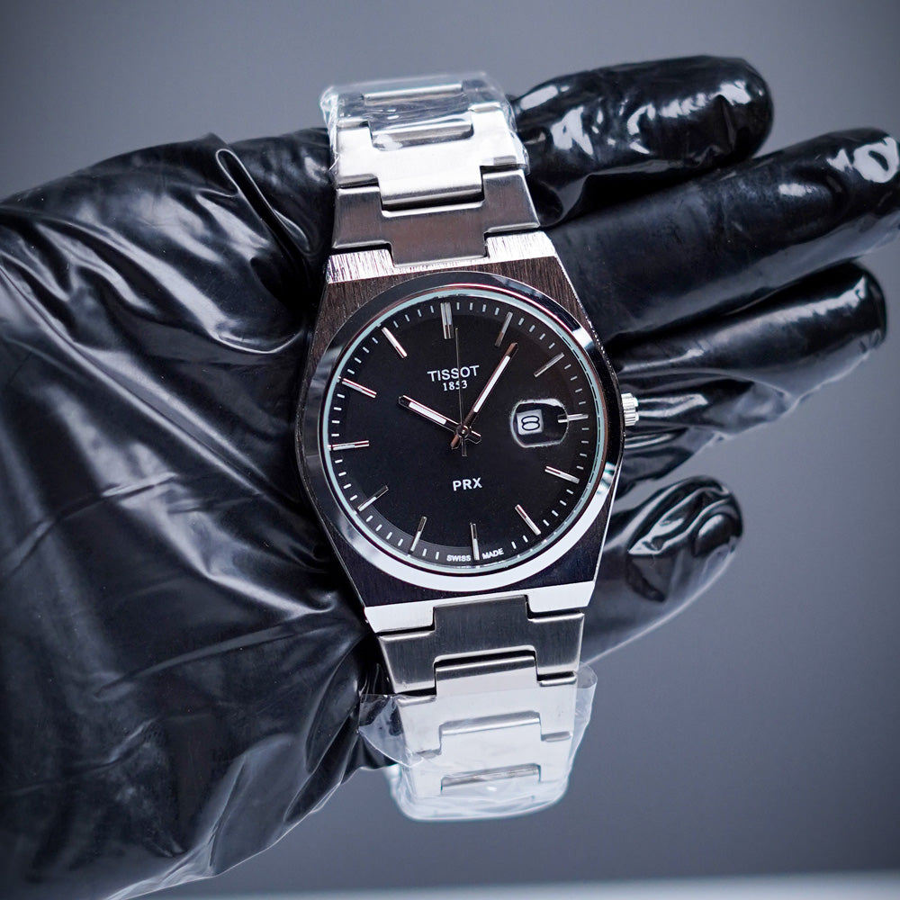 TISSOT PRX 1853 SILVER CHAIN WITH BLACK DIAL