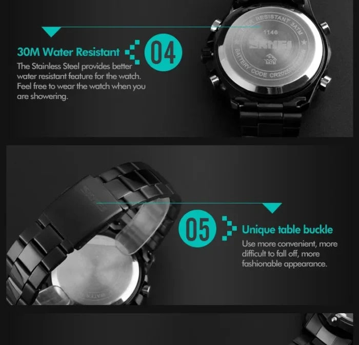 Skmei - 1146 - Waterproof Dual Display LED Digital Alarm - Black