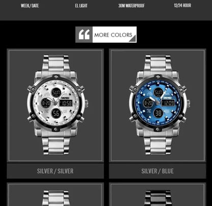 Skmei - 1389 - Dual Display Waterproof Watch - Silver/Silver