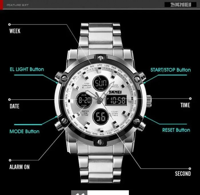 Skmei - 1389 - Dual Display Waterproof Watch - Silver/Silver