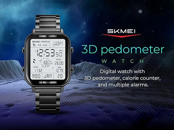 Skmei - 1888 - Step Count Pedometer Digital Dial Stainless Steel Strap Watch for Men - Black - Dials Watches