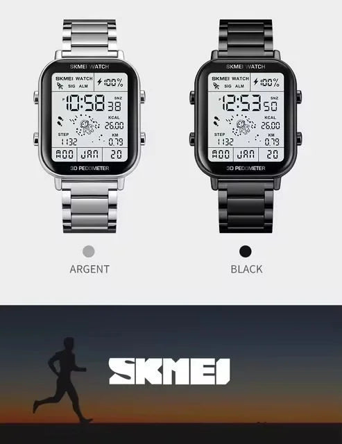 Skmei - 1888 - Step Count Pedometer Digital Dial Stainless Steel Strap Watch for Men - Black - Dials Watches