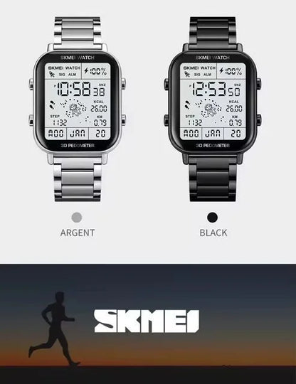 Skmei - 1888 - Step Count Pedometer Digital Dial Stainless Steel Strap Watch for Men - Black - Dials Watches