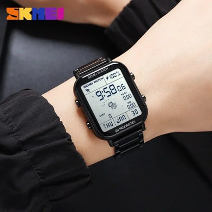 Skmei - 1888 - Step Count Pedometer Digital Dial Stainless Steel Strap Watch for Men - Black - Dials Watches
