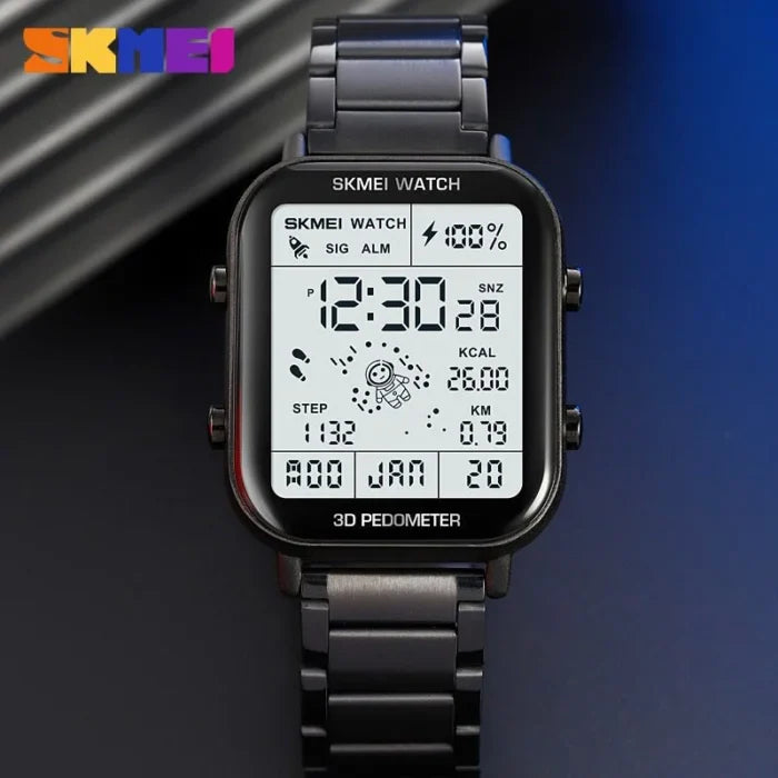 Skmei - 1888 - Step Count Pedometer Digital Dial Stainless Steel Strap Watch for Men - Black - Dials Watches