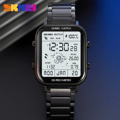 Skmei - 1888 - Step Count Pedometer Digital Dial Stainless Steel Strap Watch for Men - Black - Dials Watches