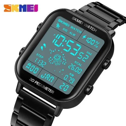 Skmei - 1888 - Step Count Pedometer Digital Dial Stainless Steel Strap Watch for Men - Black - Dials Watches