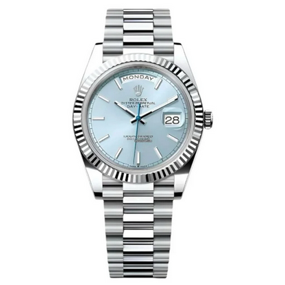 Rolex Day Date 40mm – Ice Blue Stick Dial & Fluted Bezel – L-113